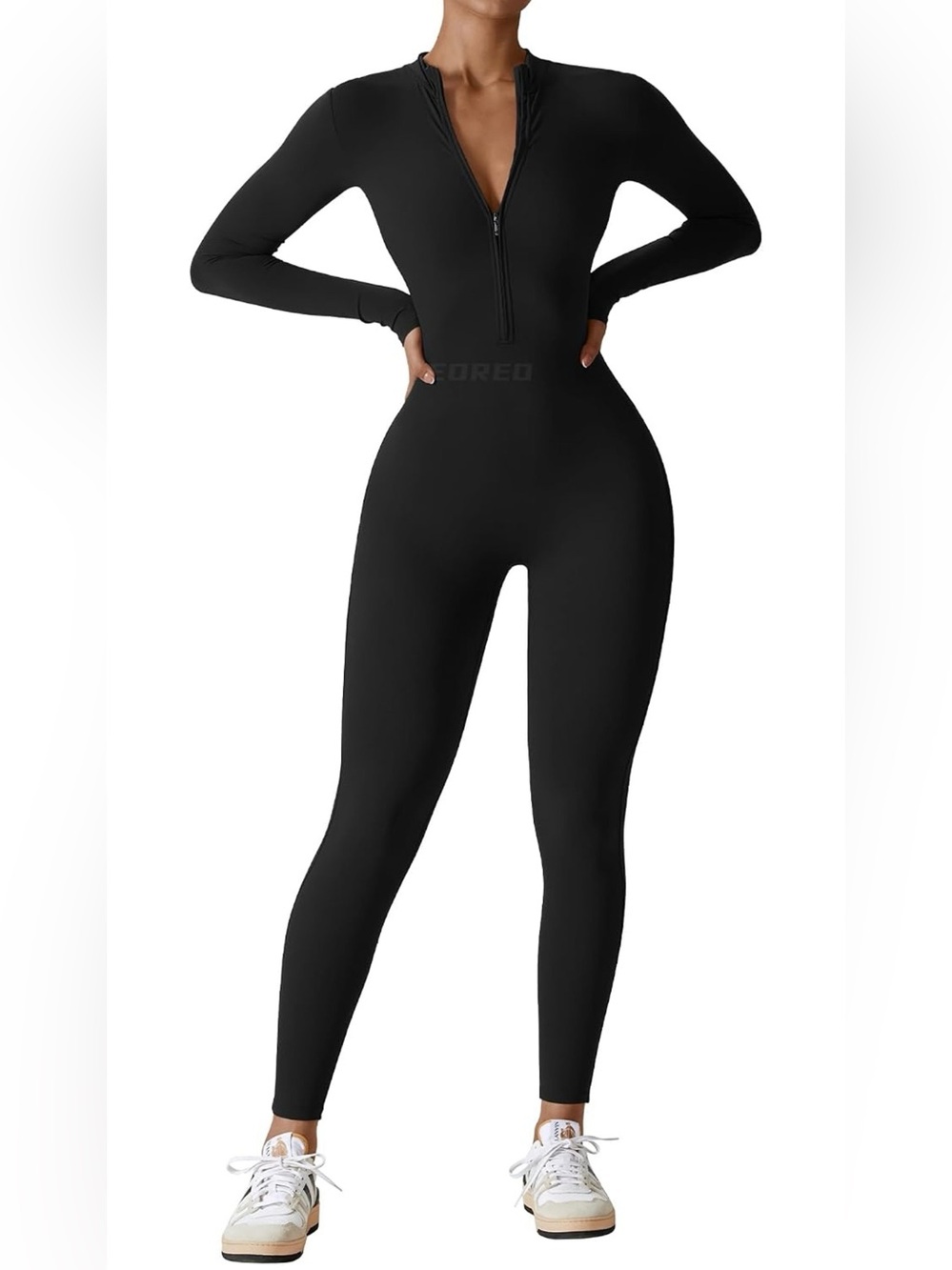 Long Sleeve Black Zip-Front Jumpsuit for Women